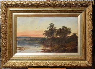 Antique 19th - 20th Century Oil Painting On Paperboard : Sunset On Lake