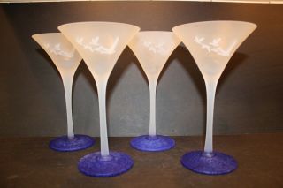 Set Of 4 Grey Goose Martini Cocktail Glasses Frosted With Cobalt Blue 7.  5 " Tall