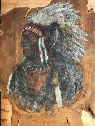 Antique Signed 1900s American Indian Chief Portrait Western Art Painting On Hide