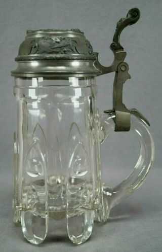 Mid 19th Century Bohemian Cut Glass Footed Stein With Molded Monk Pewter Lid