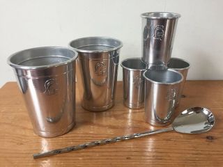 Vtg 7 Pc Mcm Knight Aluminum Barware Travel Cocktail Set Shot Glasses Shakers