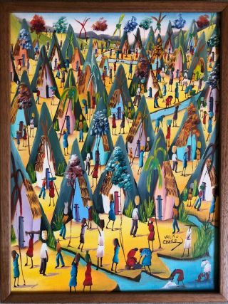 Folk Art Haitian Painting By Renown Artist Valito Charles.  Haiti Rare.
