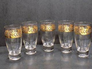 Set Of 5 Vintage Etched Laurel Leaf Gold Band Highball Drinking Glasses Barware