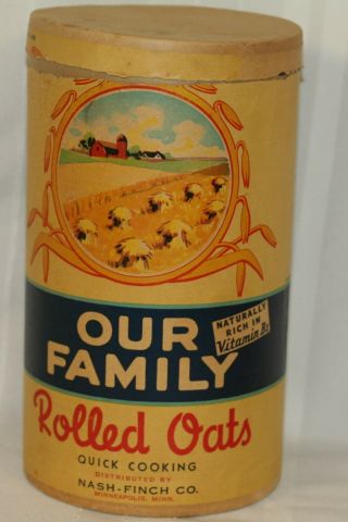 Vintage 1941 Our Family Rolled Oats Cardboard Tube Box W/ Lid