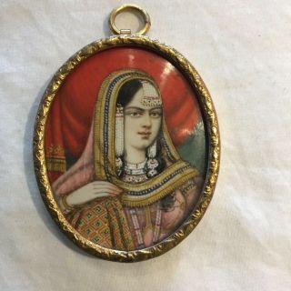 Miniature Portrait Of South East Asian Woman Painted On Bone Pendant
