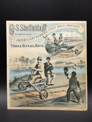 George S.  Sheffield & Co.  Railroad Hand Car Advertising Trade Card,  Three Rivers