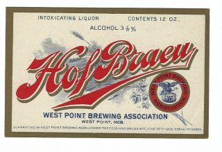 West Point Brewing Hof Braeu Beer Label Pre Prohibition Ne