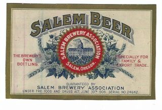 Salem Brewery Assoc Salem Beer Label Pre Prohibition Or