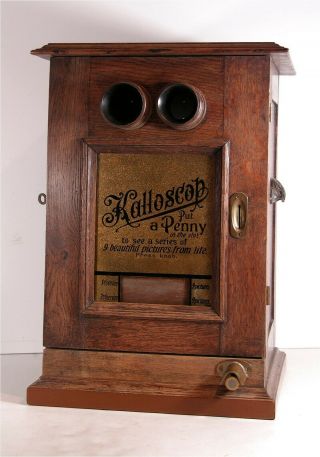 Ca1895 Coin Operated Arcade Stereoviewer Stereoscope Oak Case & Reverse On Glass