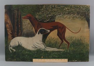 19thc Antique Signed American Folk Art Greyhound Or Whippet Dog Oil Painting,  Nr
