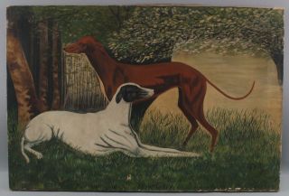 19thC Antique Signed American Folk Art Greyhound or Whippet Dog Oil Painting,  NR 2
