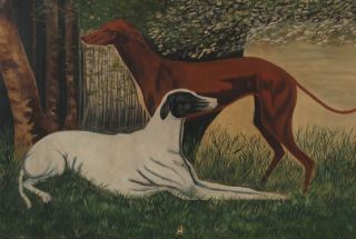 19thC Antique Signed American Folk Art Greyhound or Whippet Dog Oil Painting,  NR 3