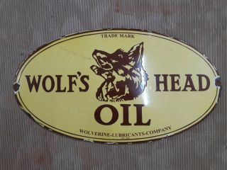 Porcelain Wolf Head Motor Oil Enamel Sign Size 16 " X 29 " Inches