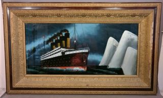 Lg Antique Titanic & Iceberg Old Seascape Reverse Steam Ship Painting On Glass