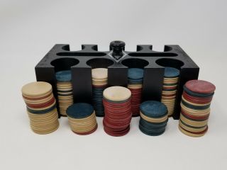 Vintage Clay Poker Chip Set With Wooden Carrier Blue Red White Wafers