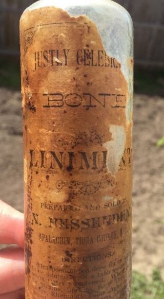 Awesome Antique Bottle Bone Liniment Orig Label Appalachian Tioga Ny Old Rare