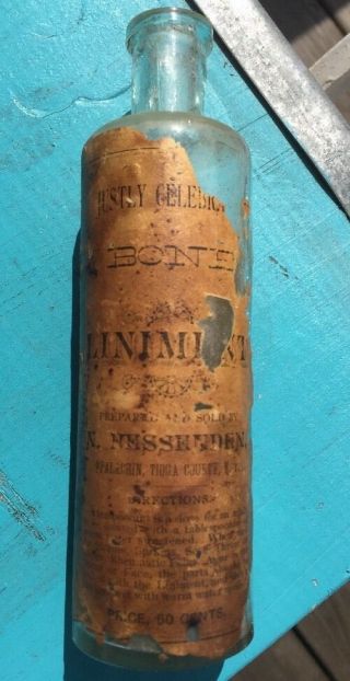 Awesome Antique Bottle Bone Liniment Orig Label Appalachian Tioga NY OLD RARE 3