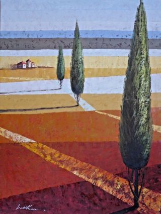 K Hillman Tuscan Landscape Signed Oil Painting Italian Cypress Trees