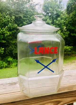 Vintage Large 10 1/2 " Glass Lance Jar Store Display Jar With Lid Cracker Jar Old