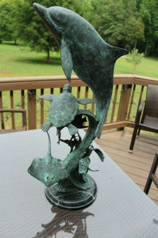 Spi Dolphin,  Turtle,  Ray 30 " Brass Sculpture Ocean Nautical Marine Statue