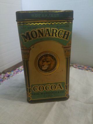 Antique Monarch Breakfast Cocoa Tin Litho Can Hinged Lid Vintage 16 Oz