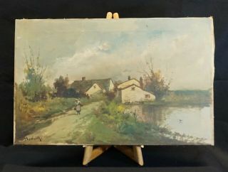 Magnificent Antique Oil Painting Bucolic Scene Of House On The Shores Of A Pond