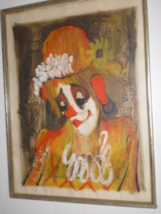 Roger Etienne Gouache Collage Painting French Clown,  Signed 1969
