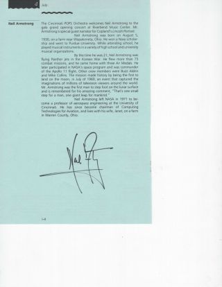 Neil Armstrong - Unique Signed Autographed Cincinnati Pops Narrator