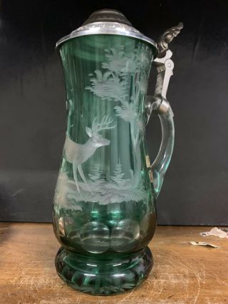 Etched Emerald Stein Glass Bavaria Ludwigstahl Handarbeit,  Elk Htf Numbered