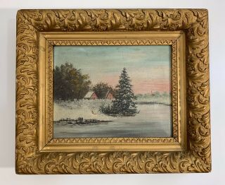 Antique American Primitive Winter Scene Landscape Painting Newark Nj Label Frame