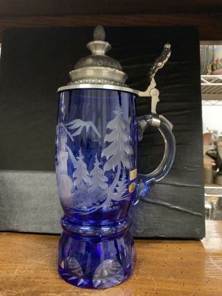 German Bavarian Stein - Etched Sapphire Blue Glass - Limited Edition - Exquisite