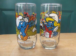 Two 1983 Smurf 5 7/8 - Inch Drinking Glasses With Smurfette And Harmony Smurf