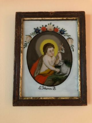 Antique Reverse Painting On Glass - Religious Art - John The Baptist