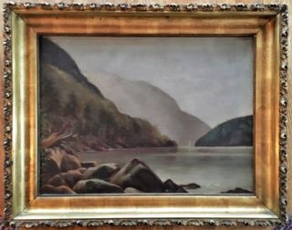 Mountains By The Lake Oil Antique Painting On Canvas.  27 " X 25 "