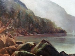 Mountains by the Lake Oil Antique Painting On Canvas.  27 