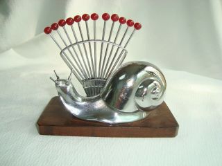 Art Deco French Chrome Snail Escargot Red Cherries Cocktail Picks Holder Set