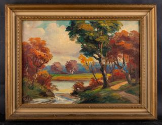 Early 20th Century American Impressionist Oil Painting " Autumn Landscape " Signed