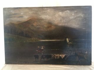 Antique Early 1900’s Oil Painting Landscape Signed Lake Boat Cows