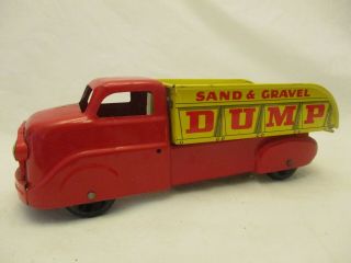 Vintage 1950 ' s Marx Toy Pressed Steel Sand & Gravel Dump Truck Red & Yellow 2