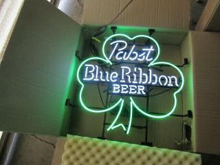 Pabst Blue Ribbon Beer Sign Neon Irish Clover Light Up Shamrock Bar Rec Room