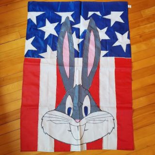 Vtg 90s Bugs Bunny American Flag Outdoor Garden Banner Sign Looney Tunes 1995 Lg