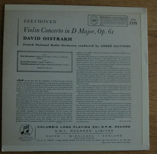 Columbia B/S - SAX 2315 - Oistrakh & Cluytens - Beethoven - Violin Concerto - NM 2