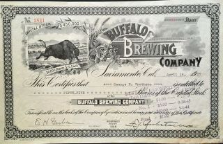 Buffalo Brewing Co Stock 1937.  Sacramento,  Ca.  Very Successful Brewery 1888 - 1945