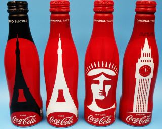 2017 Eiffel Tower,  Big Ben,  Statue Of Liberty Aluminum Coca Cola 4 Bottle Set