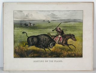 1871 Buffalo Hunting On Plains Western Americana Currier & Ives Lithograph Print
