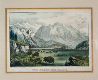 Ca1870 Rocky Mountain Buffalo Western Americana Currier & Ives Lithograph Print