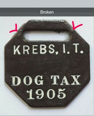 1905 Krebs Oklahoma INDIAN TERRITORY dog tax tag DOG LICENSE tag broken 2