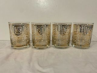 Four (4) Culver Gold Trim Greek Key / Squares Double Old Fashioned Glasses