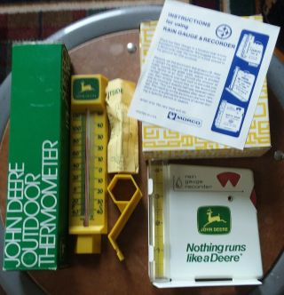 Vintage John Deere Tin Rain Gauge & Plastic Outdoor Thermometer Both Box