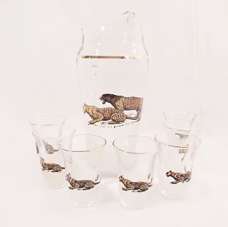 Vintage Cocktail Pitcher With 7 Glasses W Gold & Black Leopards,  Frosted Glass